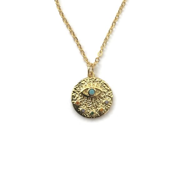 Small Evil Eye Multi Color Cubic Zirconia Turquoise Medallion Charm Necklace - Picture 2 of 5